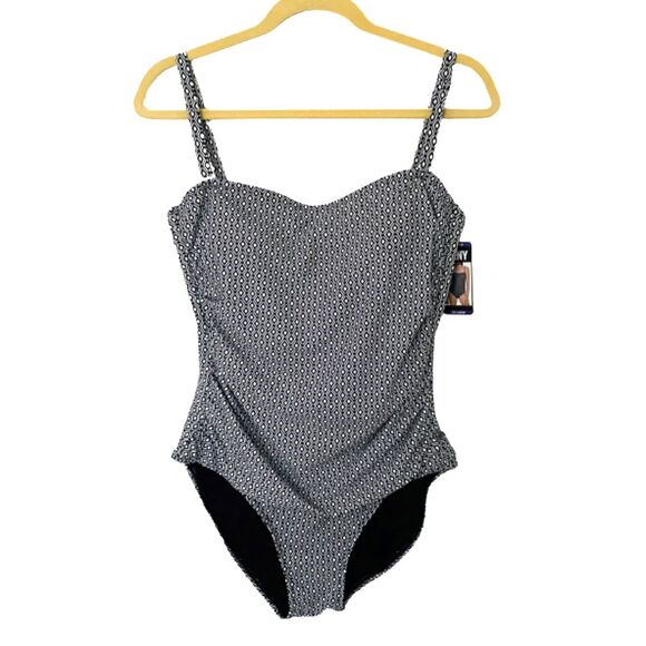 NWT DKNY Womens One Piece Swimsuit Black White Strapless Option Built In Bra XXL - Picture 2 of 12